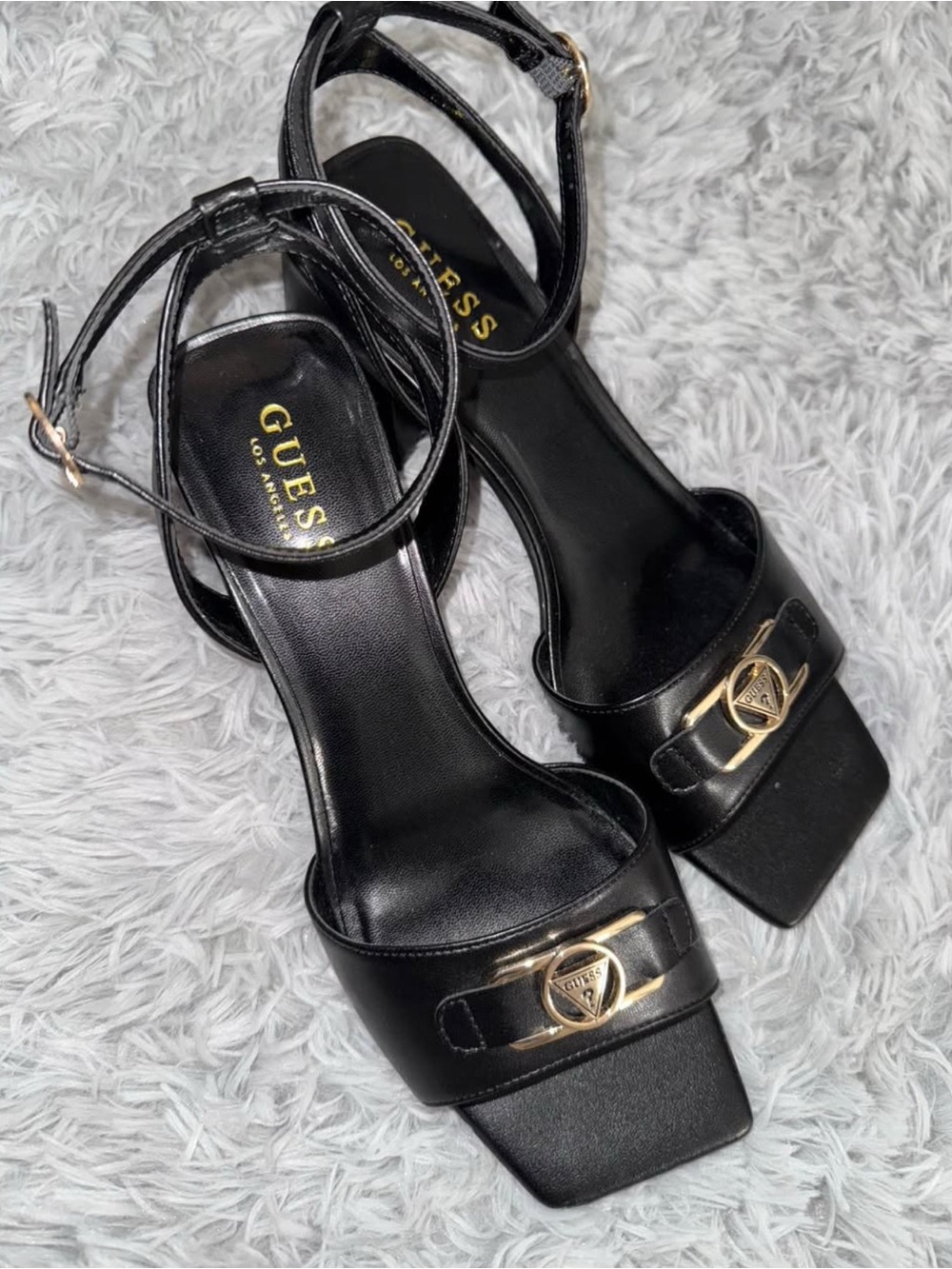 GUESS Black Leather Square-Toe Ankle-Strap Heels with Gold Logo
